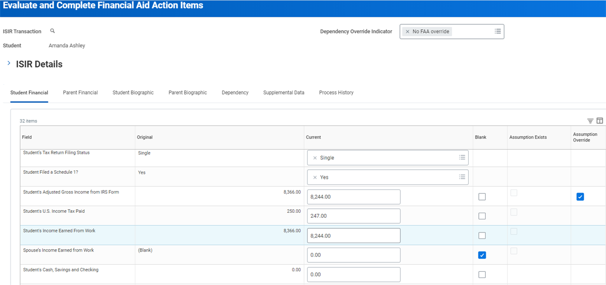 A screenshot of the Evaluate and Complete Financial Aid Action Items task as described in the preceding text.