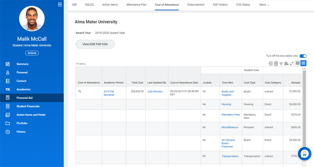 A screenshot of the Cost of Attendance tab from a student profile. Refer to the preceding text for more details.