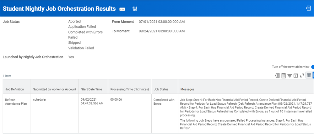 The Student Nightly Job Orchestration Results report as described in the preceding text.