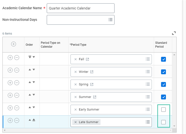 An academic calendar configuration with standard period checkboxes highlighted.