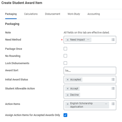 A screenshot of the Packaging tab in the Create Student Award Item task.