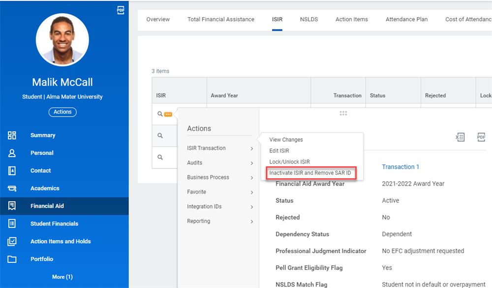 A screenshot of ISIR related actions within a student profile with "Inactivate ISIR and Remove SAR ID" highlighted.