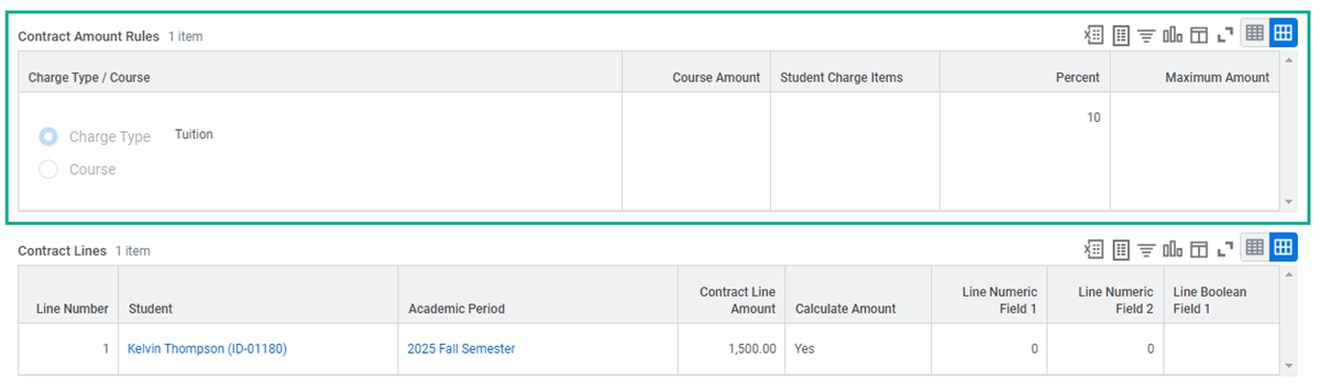 Contract Amount Rules with Charge Type selected for Tuition highlighted.