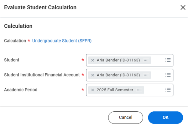 Evaluate Student Calculation for Undergraduate Student (SFPR).