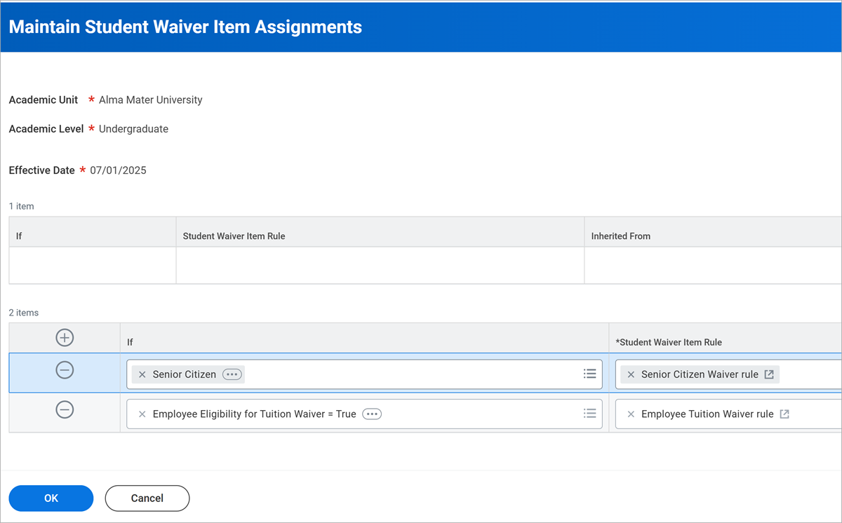 Maintain Student Waiver Item Assignment for Undergraduate effective 07/01/2025 If Senior Citizen has Employee Eligibility for Tuition Waiver = True.