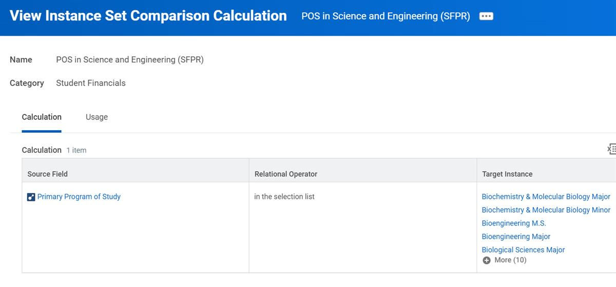 View Instance Set Comparison Calculation for POS in Science and Engineering (SFPR) in Student Financials on the Calculation tab.
