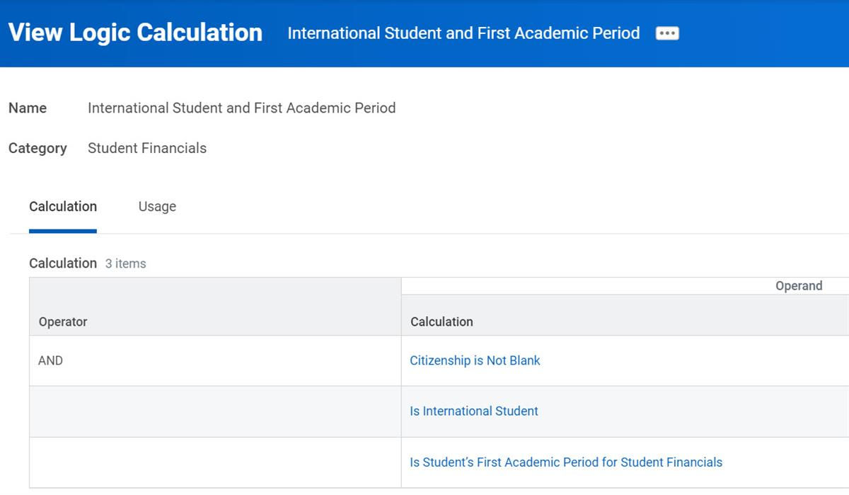 View Logic Calculation for an International Student and First Academic Period with the Calculation tab selected.