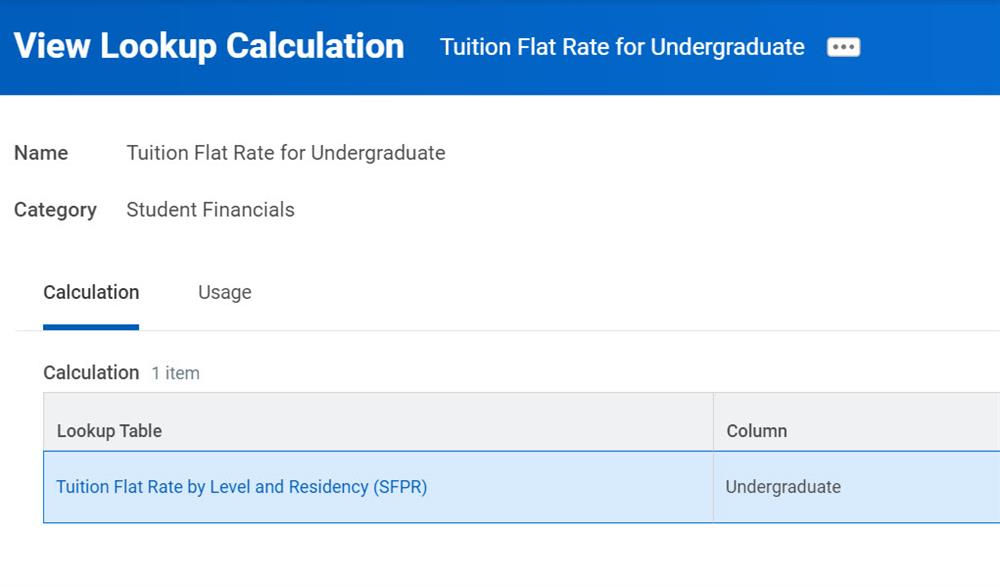 View Lookup Calculation for Tuition Flat Rate for Undergraduate with the Calculation tab selected.
