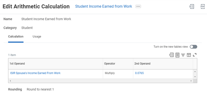 Arithmetic Calculation for Student Income Earned from Work with the Calculation tab selected.