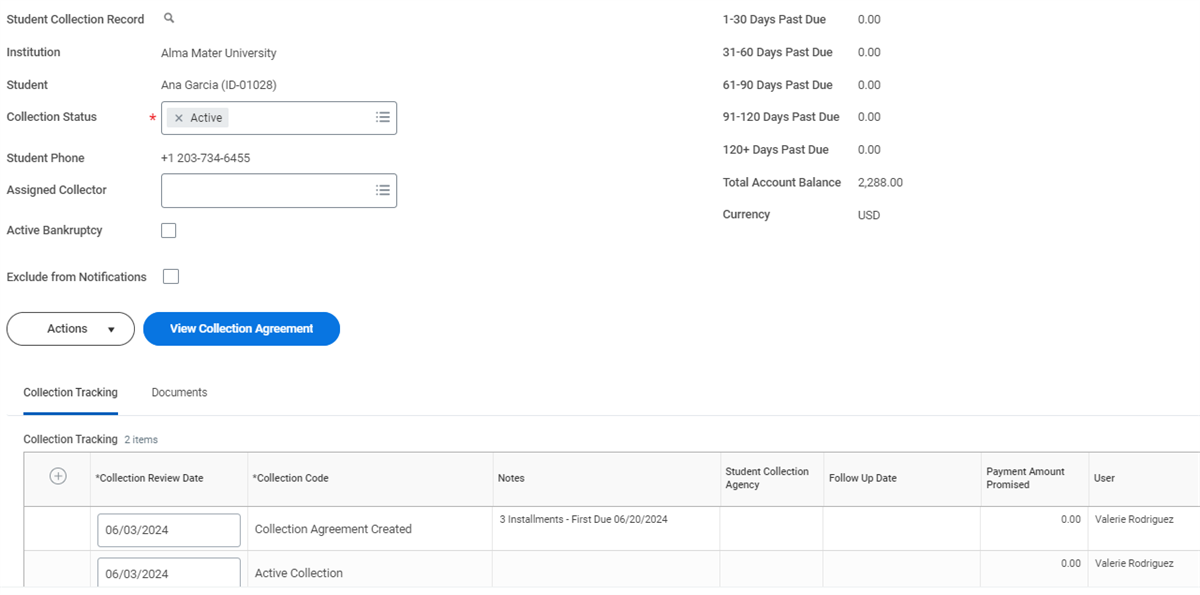 Student Collection Record with the Collection Status populated to Active with the Collection Tracking tab selected.
