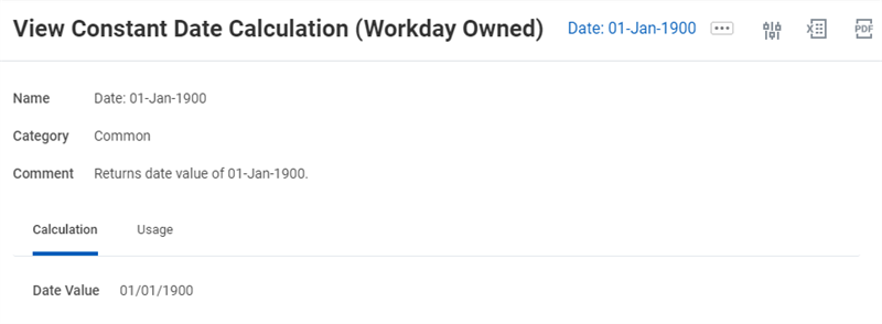 View Constant Date Calculation (Workday Owned) for Date: 09-Jan-1900 with the Calculation tab selected.