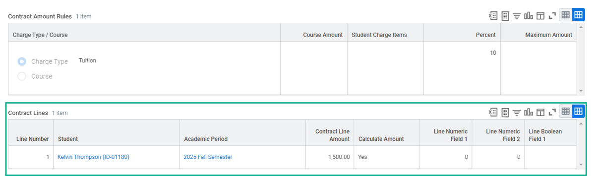 Contract Lines with Student, Academic Period, Contract Line Amount, Calculate Amount, Line Numeric Field 1, Line Numeric Field 2, and Line Boolean Field 1 highlighted.