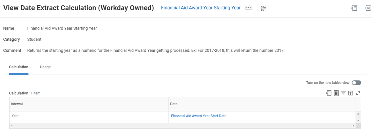 View Date Extract Calculation (Workday Owned) for Financial Aid Award Year Starting Year with the Calculation tab selected.