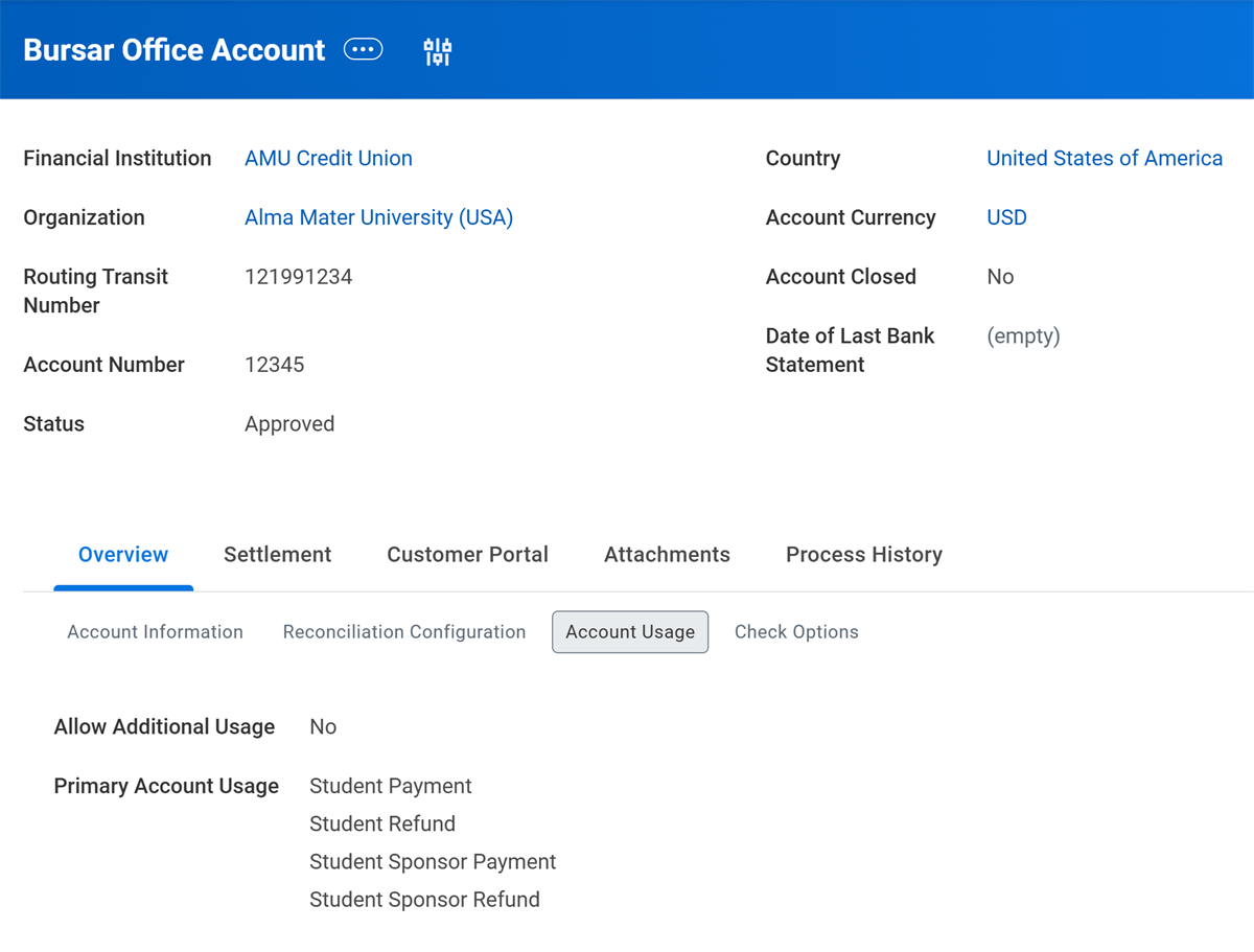 Bursar Office Account for AMU Credit Union with the Routing Transit Number and Account Number and the Overview tab selected.