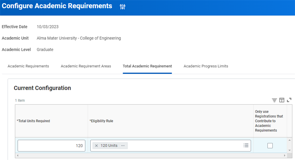 The Current Configuration configuration table on the Configure Academic Requirements task.