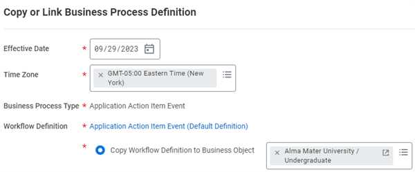 Selecting the unit with an academic level identification will only apply the business process definition to processes using that academic level.