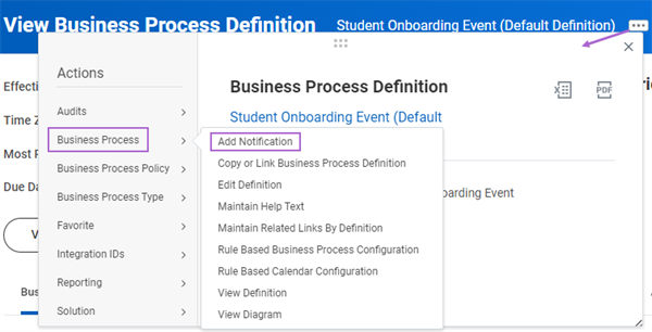 A business process definition's Related Actions menu with Add Notification selected.