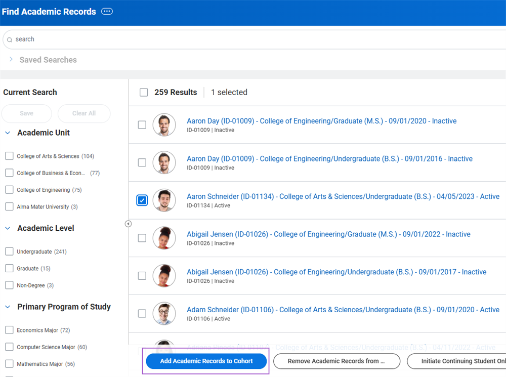 Screenshot of the "Find Academic Records" report shows a selected student record and a highlighted "Add Academic Records to Cohort" button.