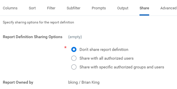 The Custom Report configuration with the Share tab selected.