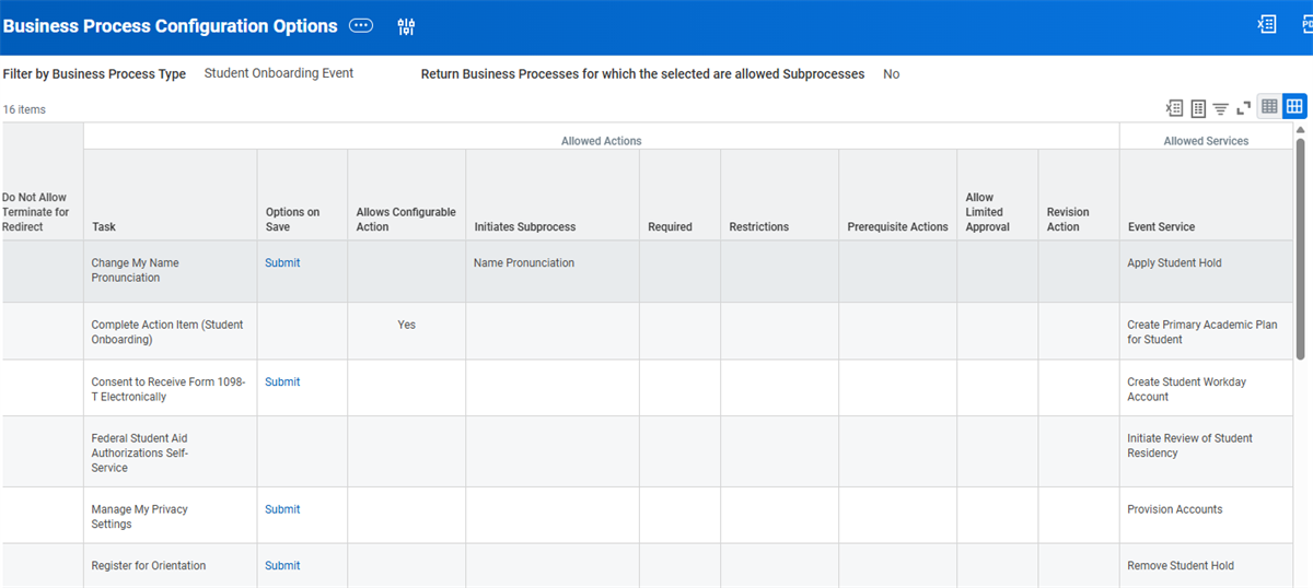 Screenshot of Workday "Business Process Configuration Options" report displays allowed tasks and services filtered by Student Onboarding Event.