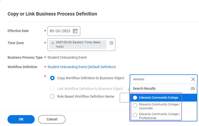 When copying a business process, you may see multiple instances of an academic unit with separate academic levels identified.