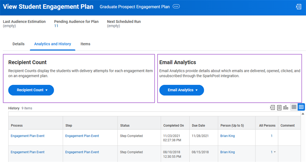 Screenshot of the Find Student Engagement Plans report with the Recipient Count and Email Analytics sections highlighted.