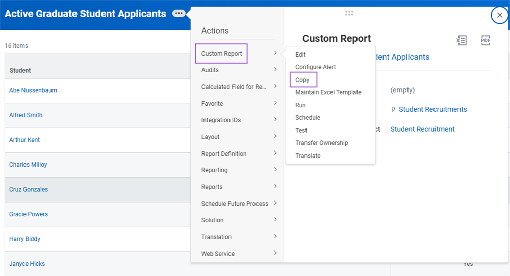 Screenshot of Workday Related Actions menu highlights the path from "Custom Report" to the "Copy" option on the student applicants report.