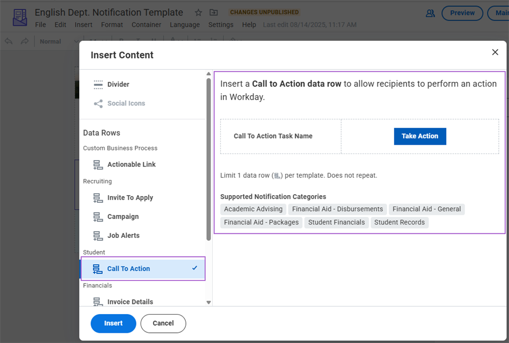 Screenshot of the Call To Action area highlighted in a Notification Designer template.