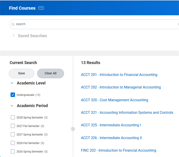 Image of the Find Courses report, seeing the same class listed twice for Accounting and Financials.