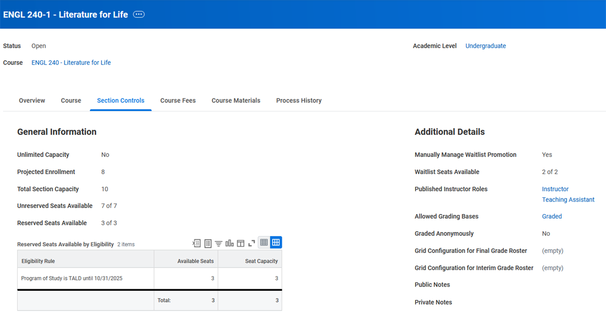 A screenshot of a course section showing the course capacity and reserved and unreserved seats remaining.