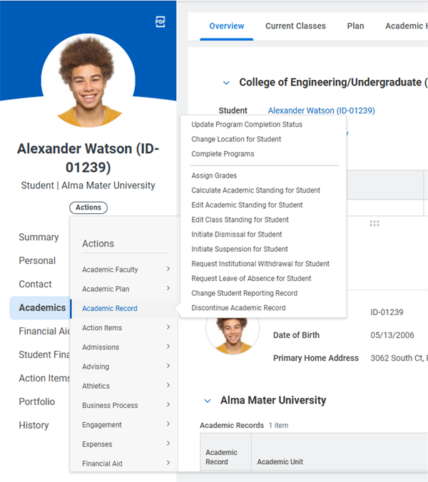 Image of the Initiate Dismissal for Student and Initiate Suspension for Student tasks off the Academic Record on a student's profile.