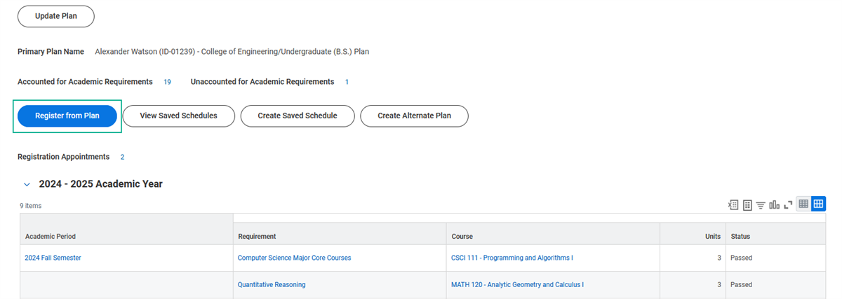 Image of the View My Academic Plan report with the Register from Plan button highlighted.
