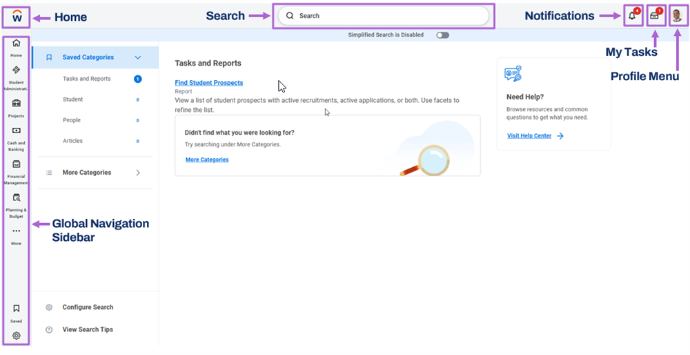 Search results for Find Student Prospects with the Workday logo, Global Navigation Sidebar, Search, Notifications, My Tasks, and Profile Menu highlighted.