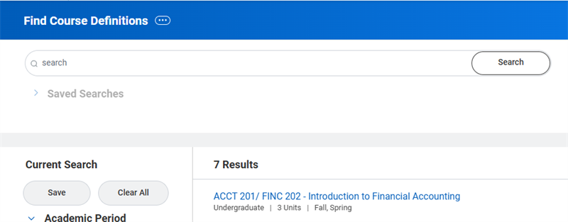 Image of the Find Course Definitions report, highlighting a course that is cross-listed as both an Accounting class and a Financials class.