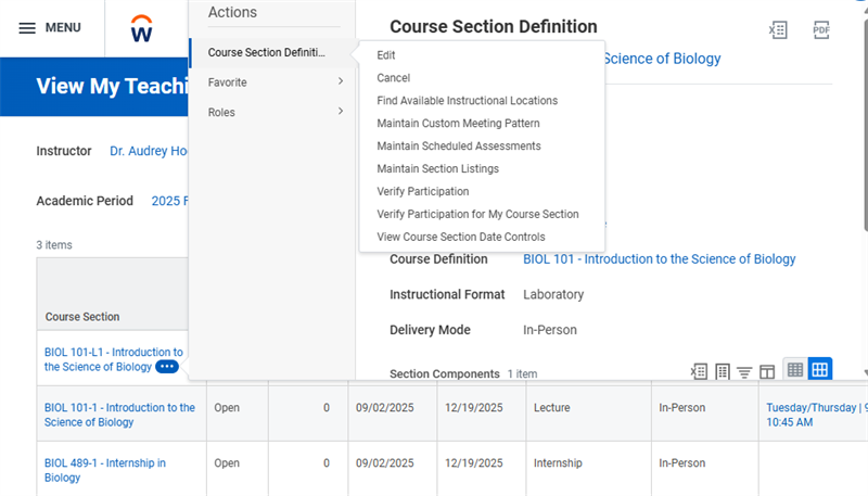 Image of the Related Actions for a course section, highlighting the Course Section Definition > Verify Participation task.