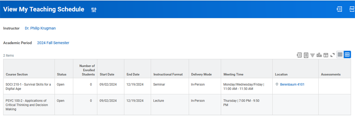 Image of the View My Teaching Schedule report.