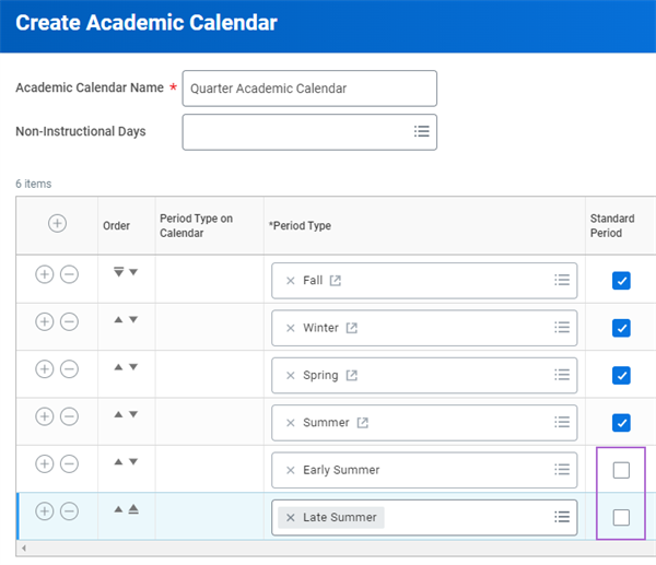 An academic calendar configuration with standard period checkboxes highlighted.