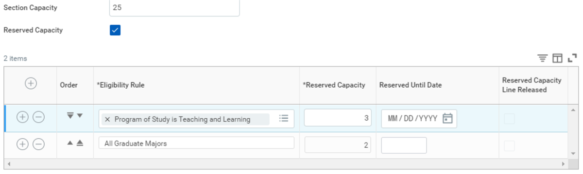 Image of the Reserved Capacity feature of course section definitions.