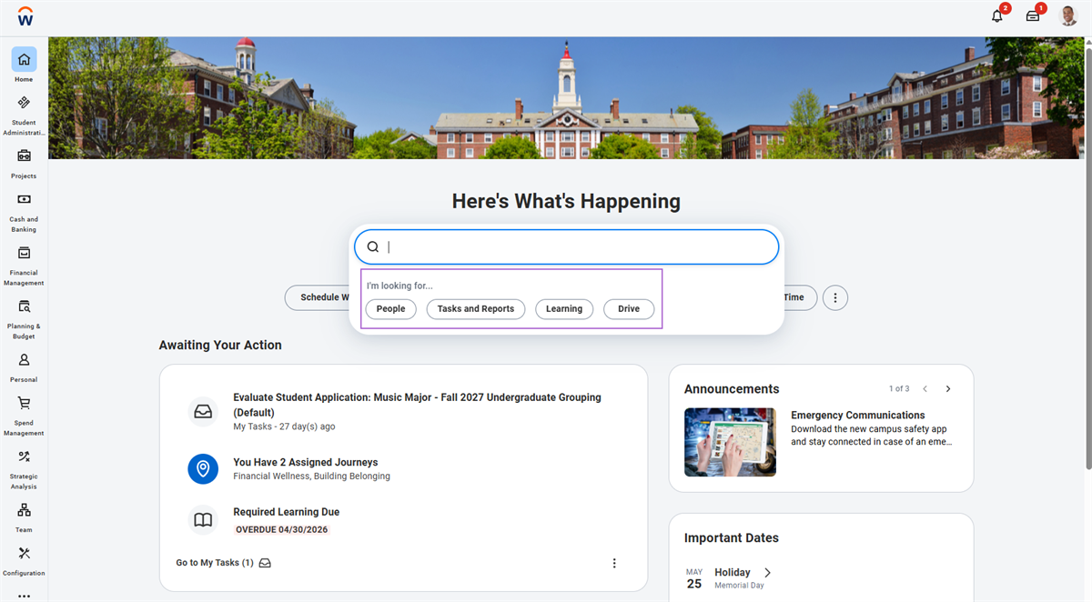 Workday Home page with the I'm looking for highlighted under Search bar.