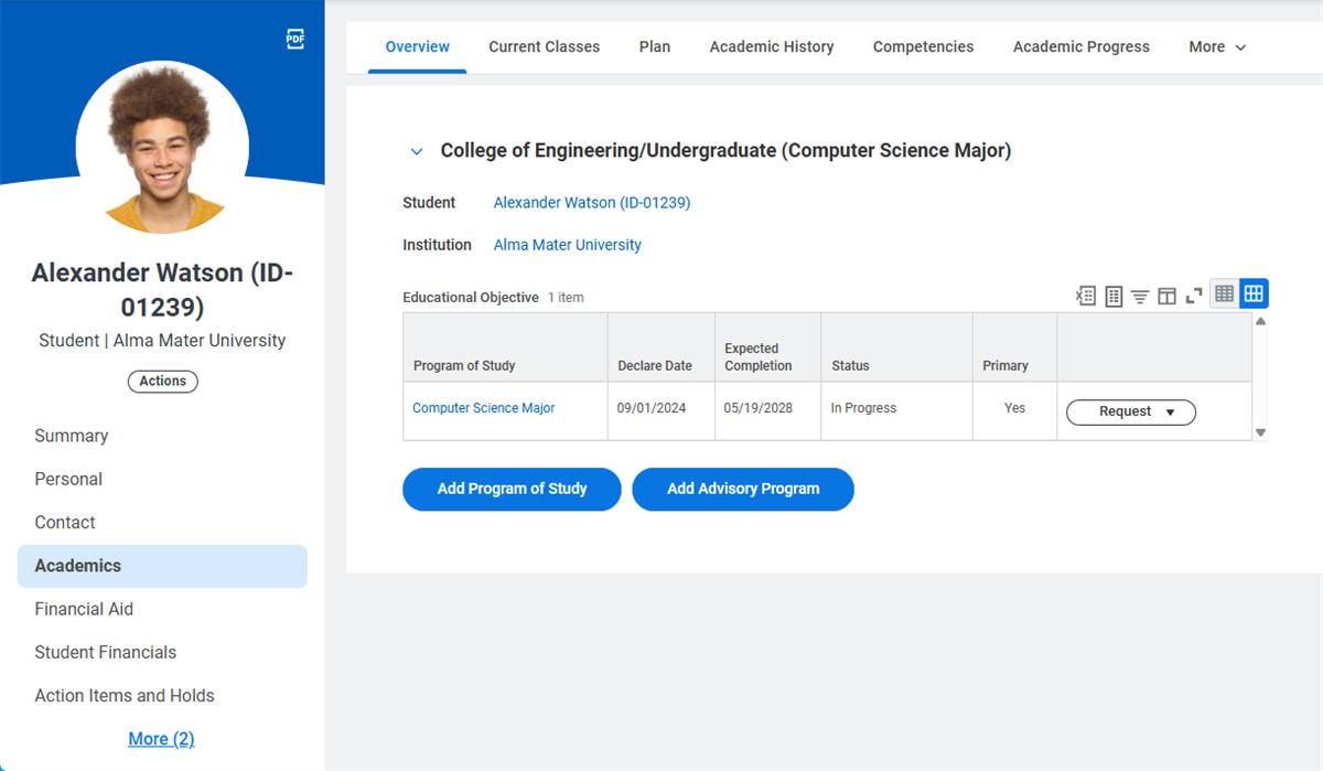 Image of a student profile, with the status of the student's program highlighted.