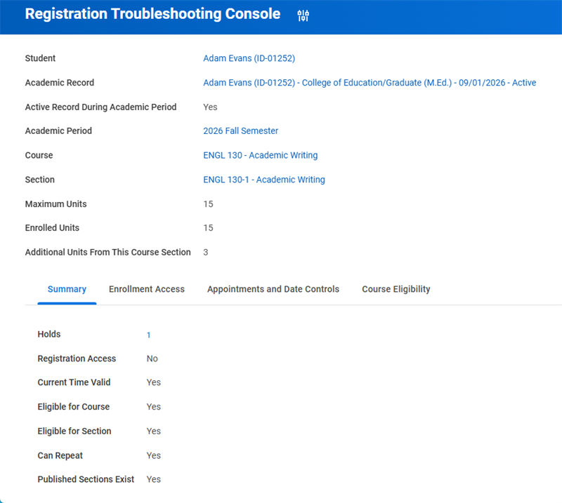 Registration Troubleshooting Console with the Summary highlighted.