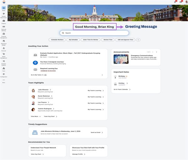 Workday Student Home page with the greeting message highlighted.