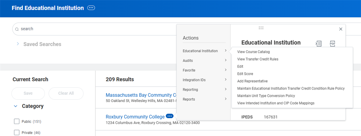 Image of the Find Educational Institution report with the educational institution's Related Actions displayed. A highlight box surrounds the View Transfer Credit Rules report.