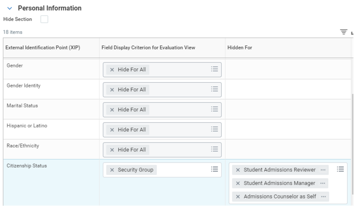 Screenshot of the Personal Information section of an evaluation view as described in the preceding text.