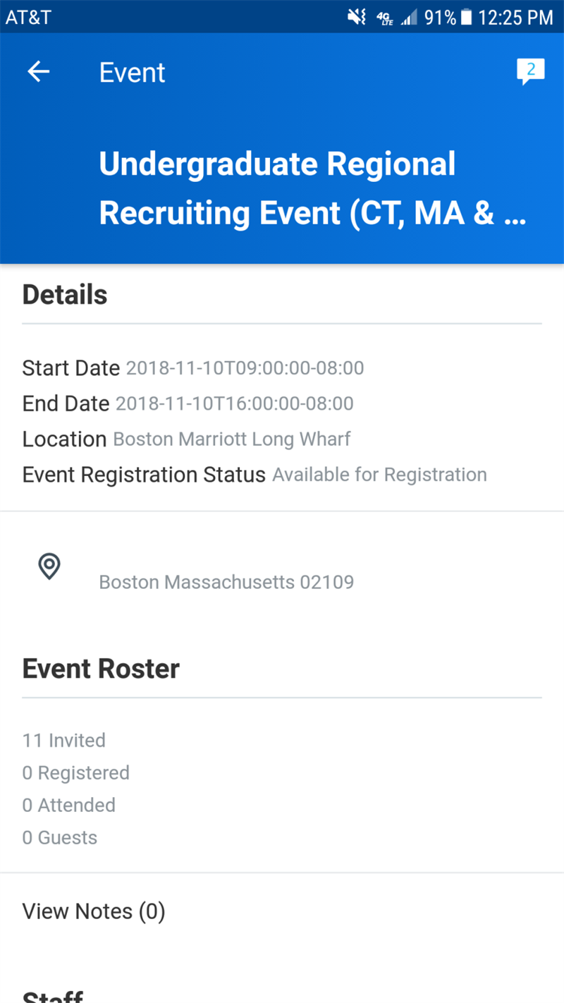 The student recruiting event details on a mobile platform.