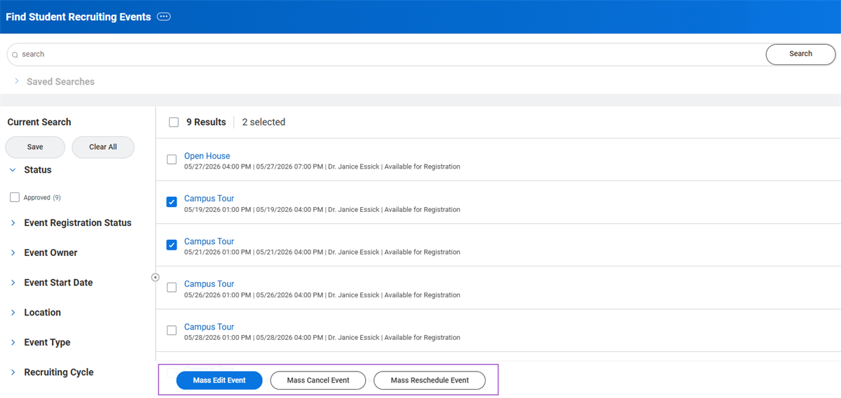 Find Student Recruiting Events with two results checked and Mass Edit Event, Mass Cancel Event, and Mass Reschedule Event buttons highlighted.