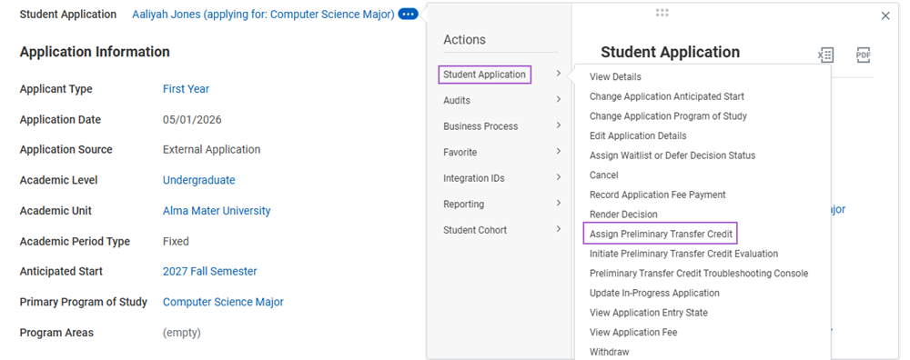 The Assign Preliminary Transfer Credit task available from a student application's Related Actions.