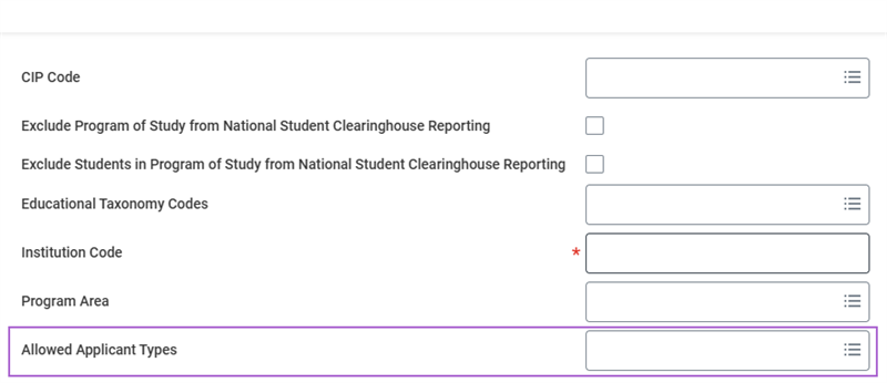 Screenshot of the Create Program of Study task with the Allowed Applicant Types field highlighted.