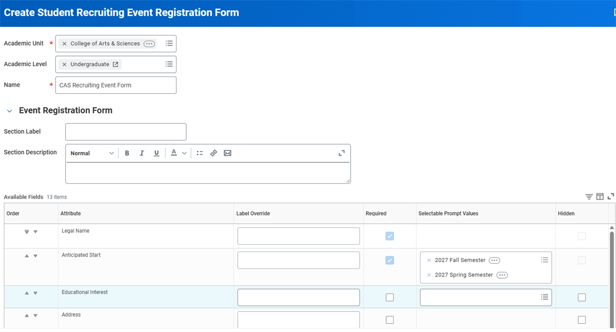 The Create Student Recruiting Event Registration Form task.