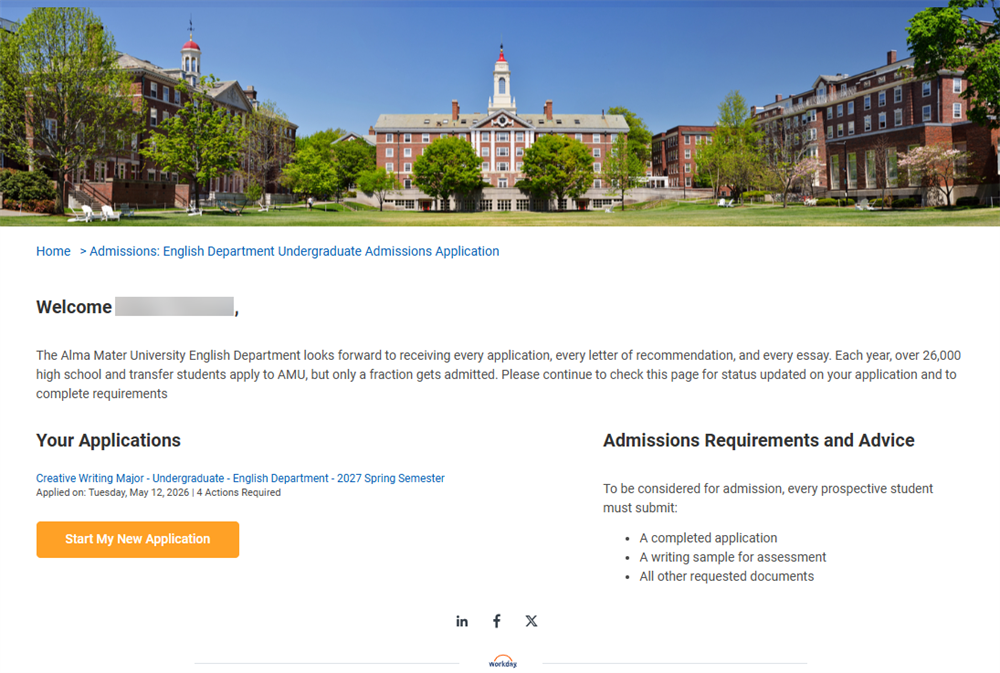 An example of the applicant home on the external student site.